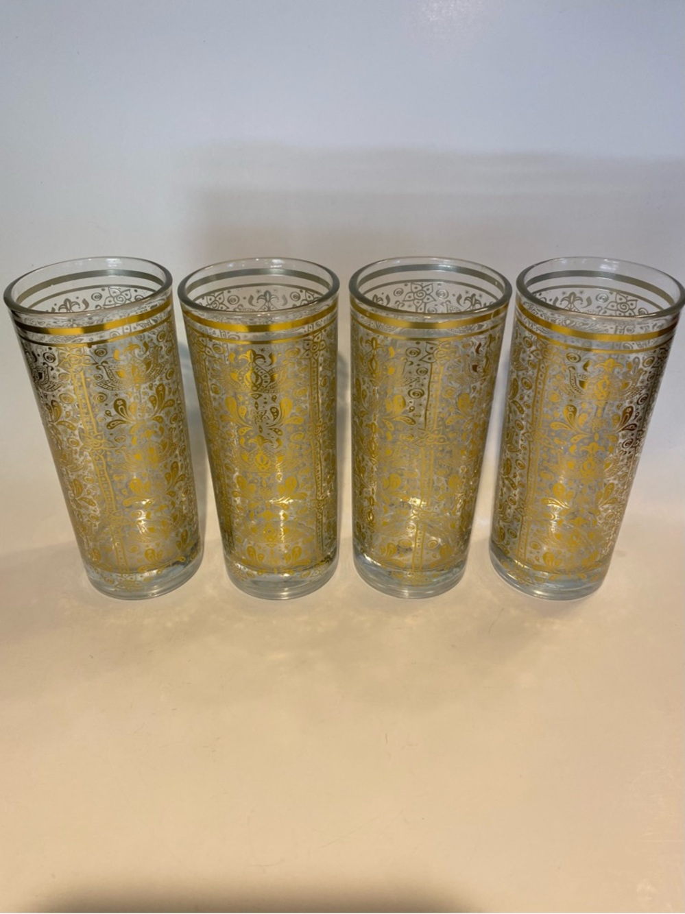 Gold Filigree Highball Glasses Boho Lotus Mandala Barware 8 Ounce Set of 4